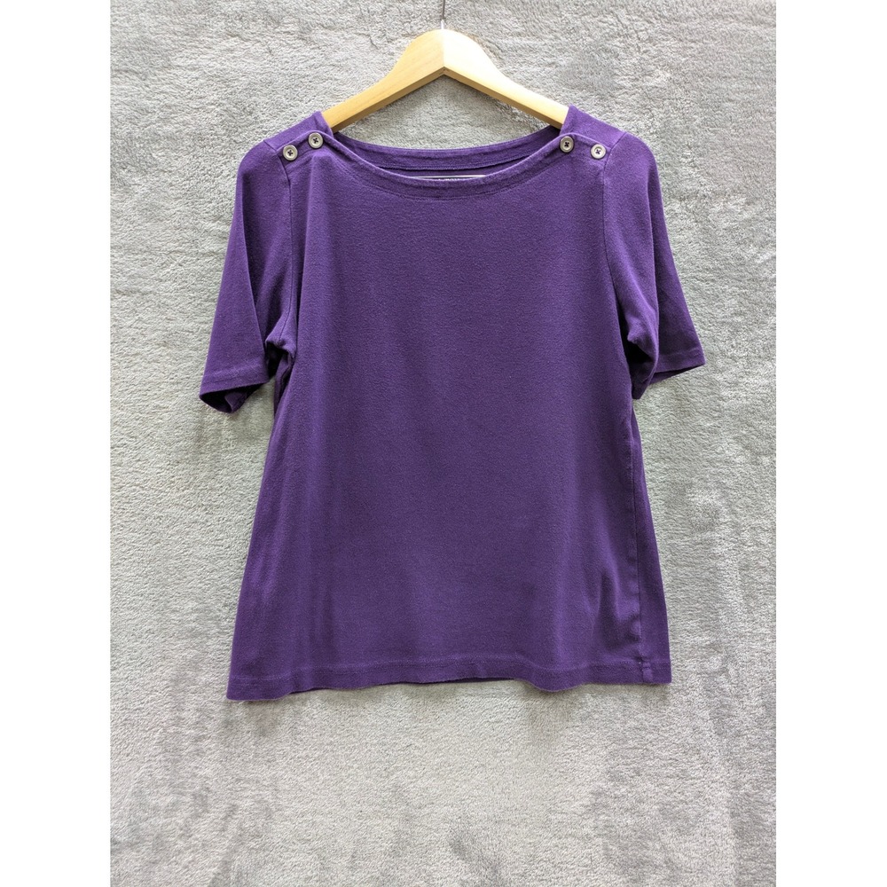 Womens Boat Neck Top M Purple Short Sleeve Minimalist Shoulder Buttons